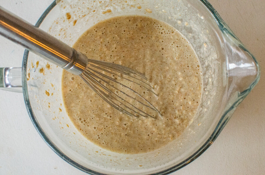 oatmeal pancake batter in mixing bowl 