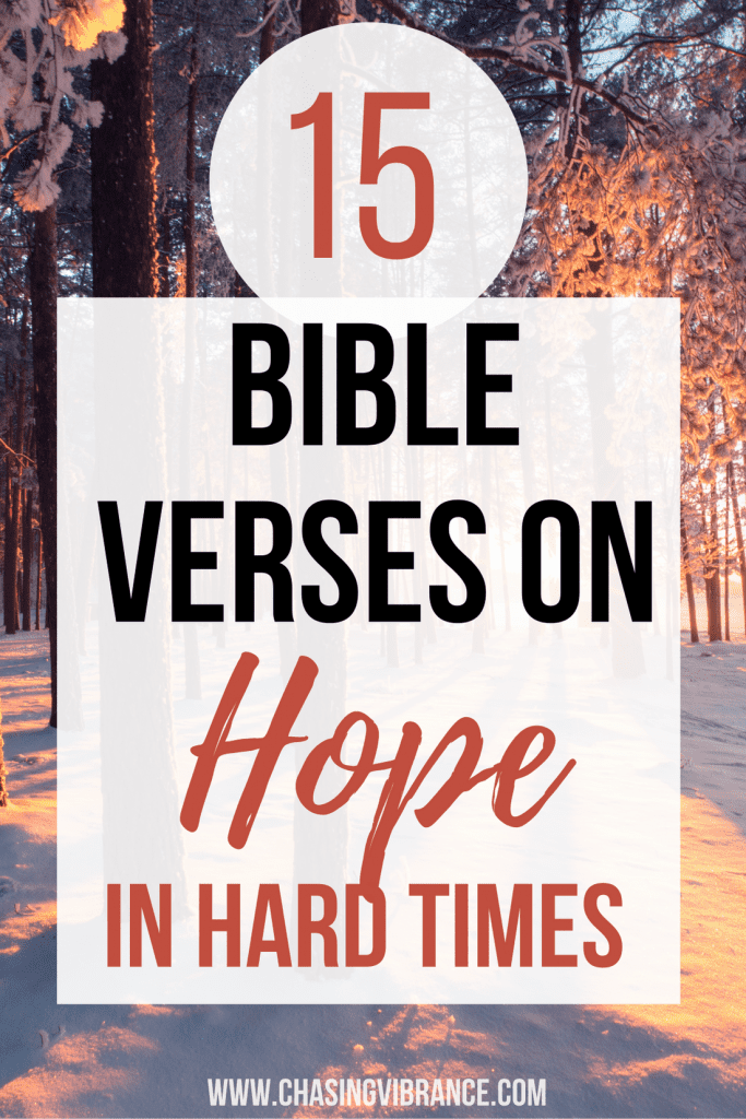 trees in sunrise in winter with text overlay 15 Bible Verses on Hope in Hard times