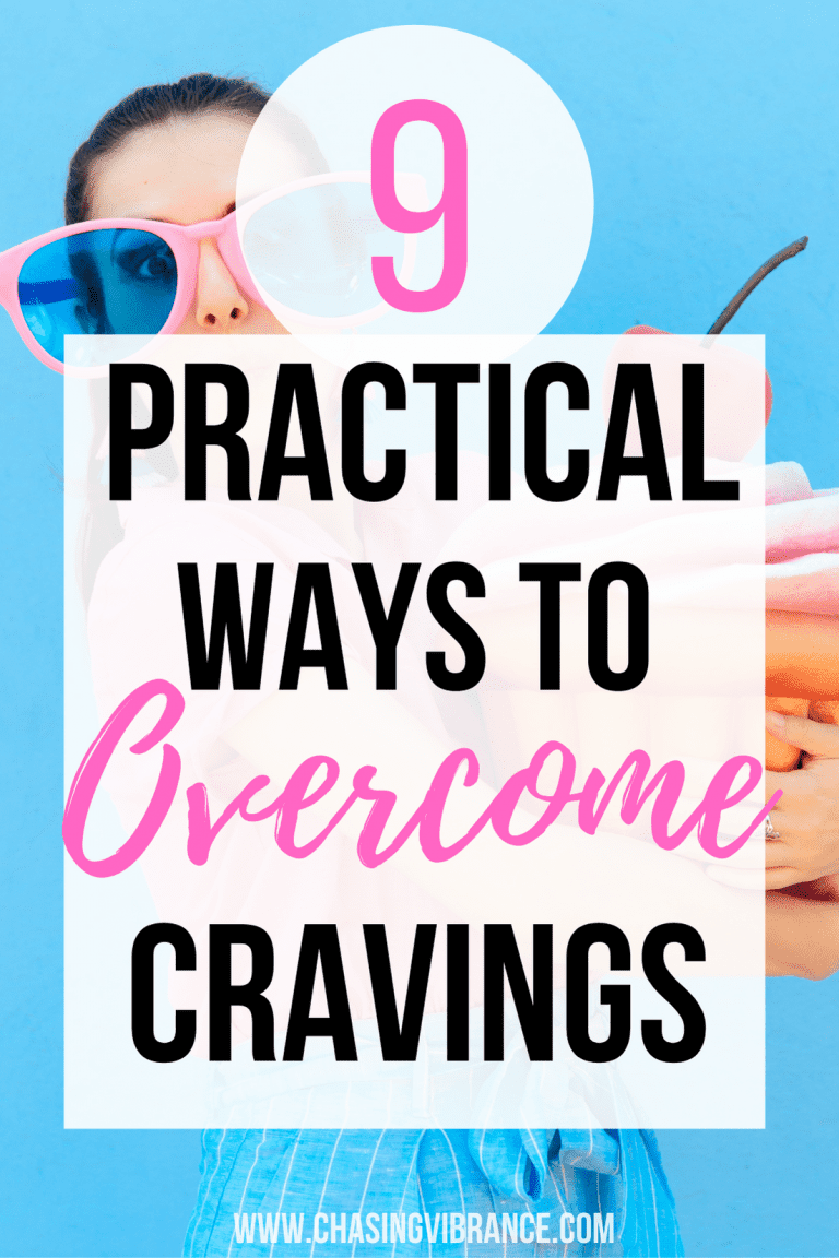 woman in pink sunglasses holds giant cupcake with text overlay 9 practical ways to overcome cravings