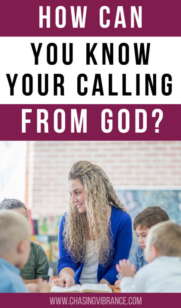 women with long curly blond hair teaches at a table of elementary age children with text how can you know your calling from God in the top half of photo