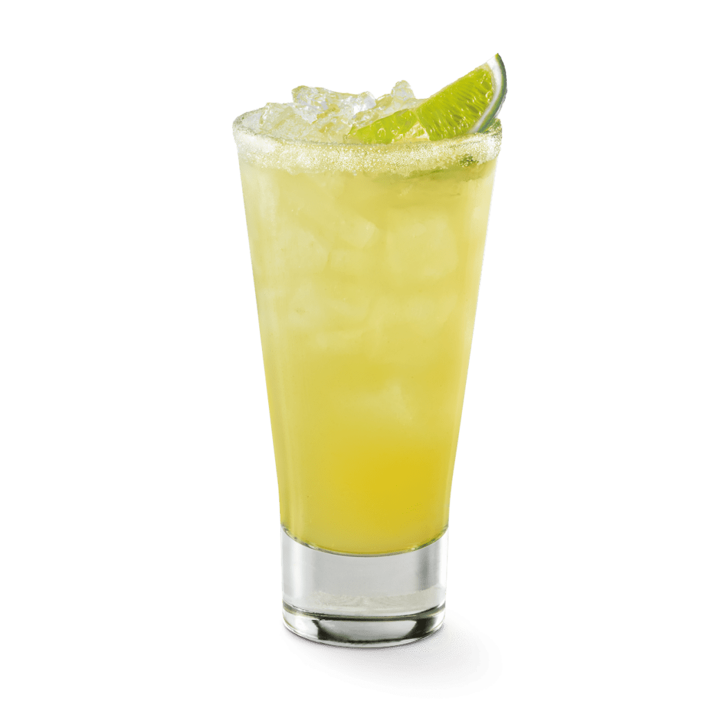 skinny margarita in a tall glass with lime wedge