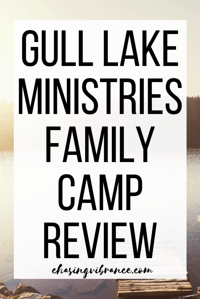 Gull Lake Ministries family camp review text overlay over lake and dock photo
