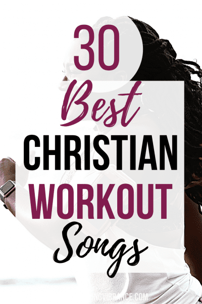powerful black woman with braids and an armband runs on a white background with words 30 best christian workout songs