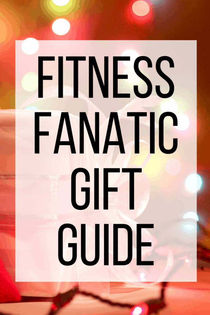 fitness fanatic gift guide text overaly over lights and gifts