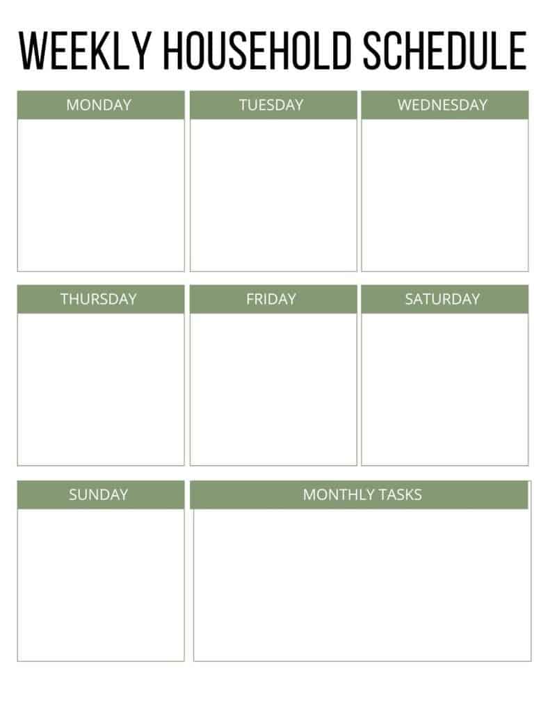 free printable weekly household schedule with green grid