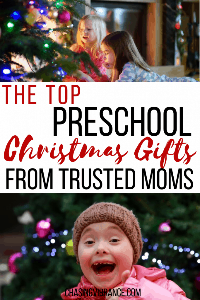 The TOP Preschool Christmas Gifts from Trusted Moms with pictures of kids at Christmas under Christmas trees