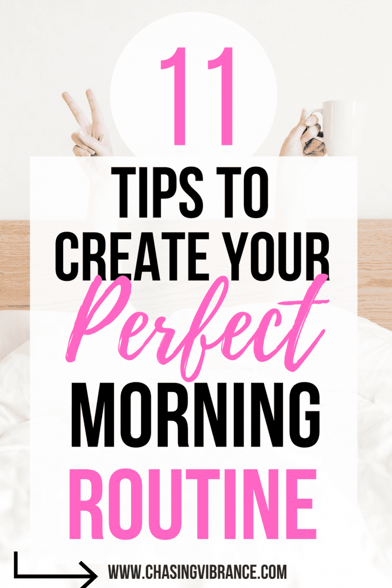 woman sitting up in bed with coffee and peace sign with text overlay 11 tips to create your perfect morning routine