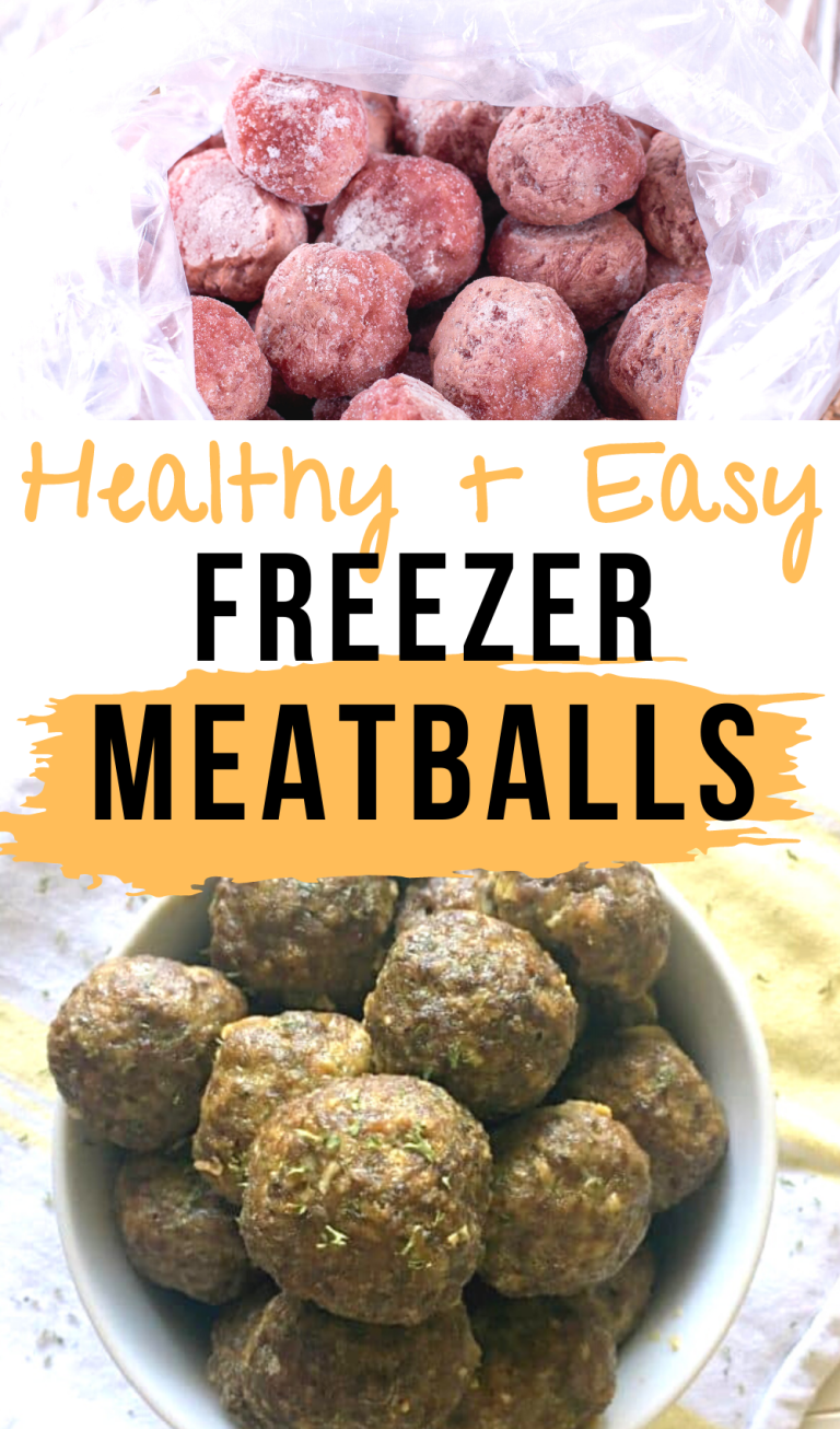 Top collage photo shows frozen meatballs in freezer bag. Bottom shows a bowl of delicious looking meatballs ready to be eaten. Text overlay in between says: Healthy and Easy Freezer Meatballs