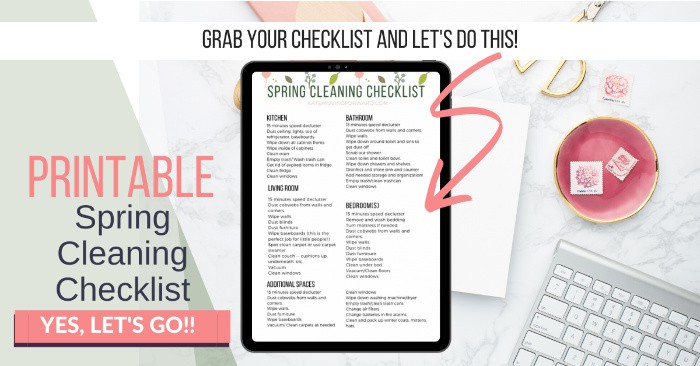 spring cleaning checklist on ipad flatlay with pink lettering