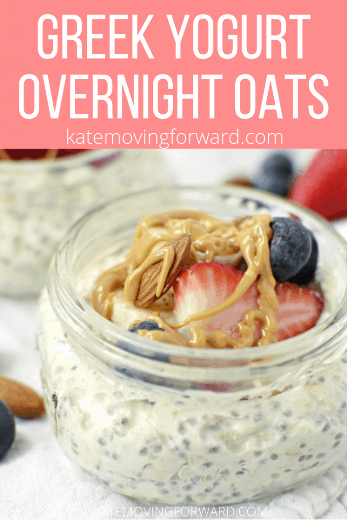 Greek Yogurt Overnight Oats in glass jar with peanut butter, fresh berries and almonds
