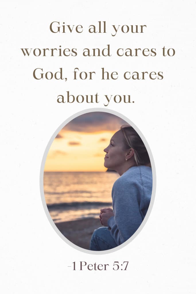 woman gazes at the ocean at sunset text over top says give all your cares and worries to god for he cares about you.
