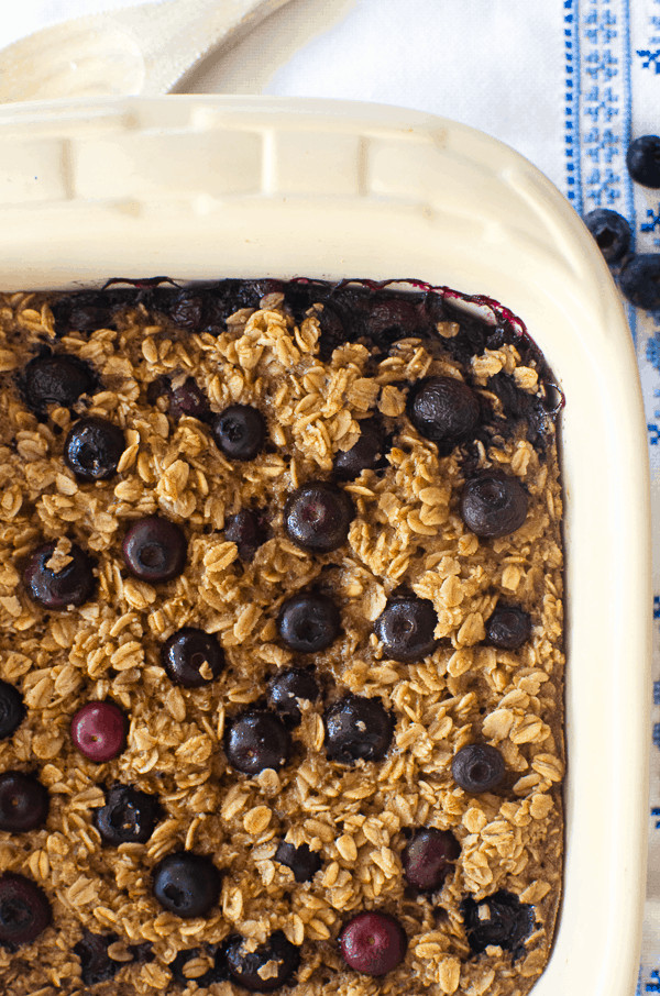 Blueberry baked oatmeal in off white pan