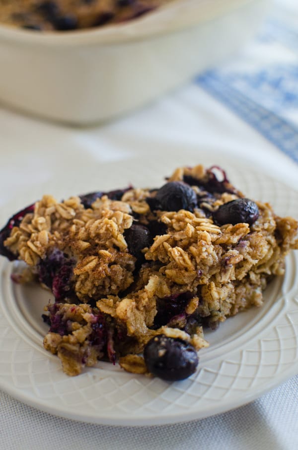 Blueberry baked oatmeal on small plate