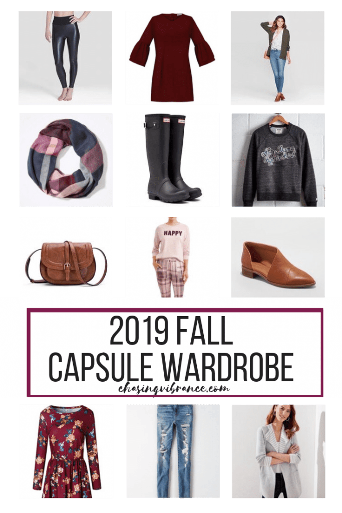 Collage of 2019 fall capsule wardrobe items -- shirts, shoes, boots, jeans