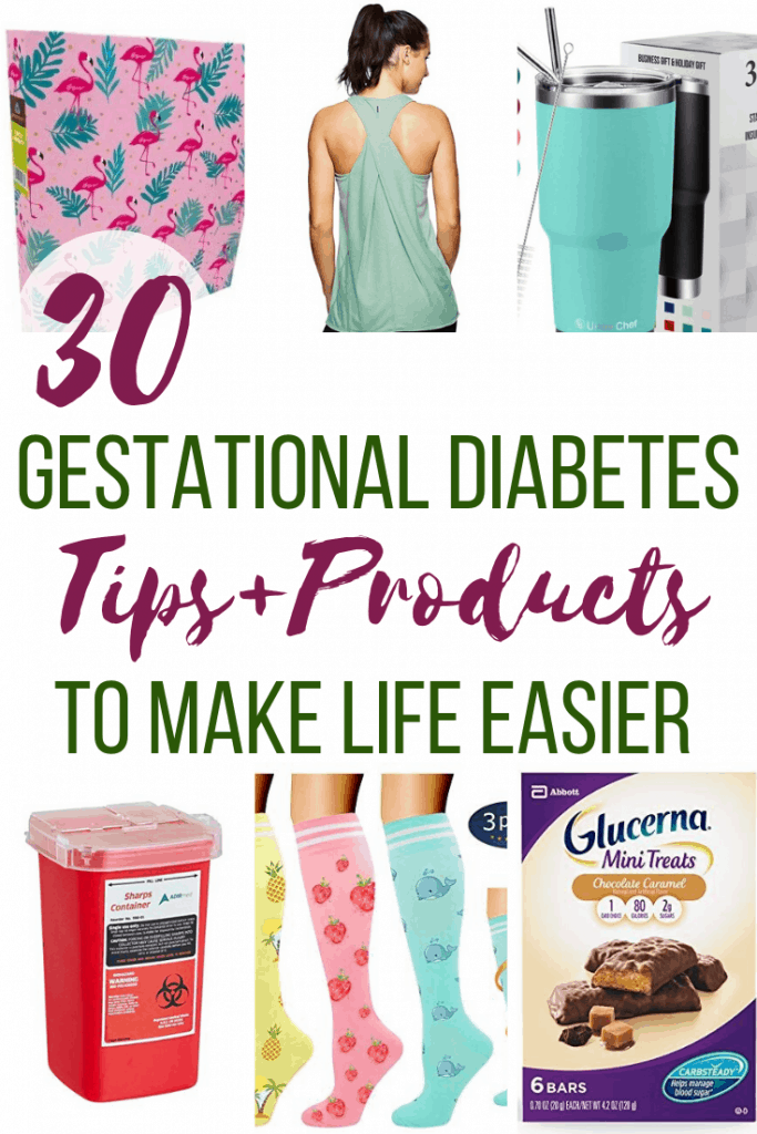 Collage of Gestational diabetes health products with text overlay "gestational diabetes tips and products to make life easier" 