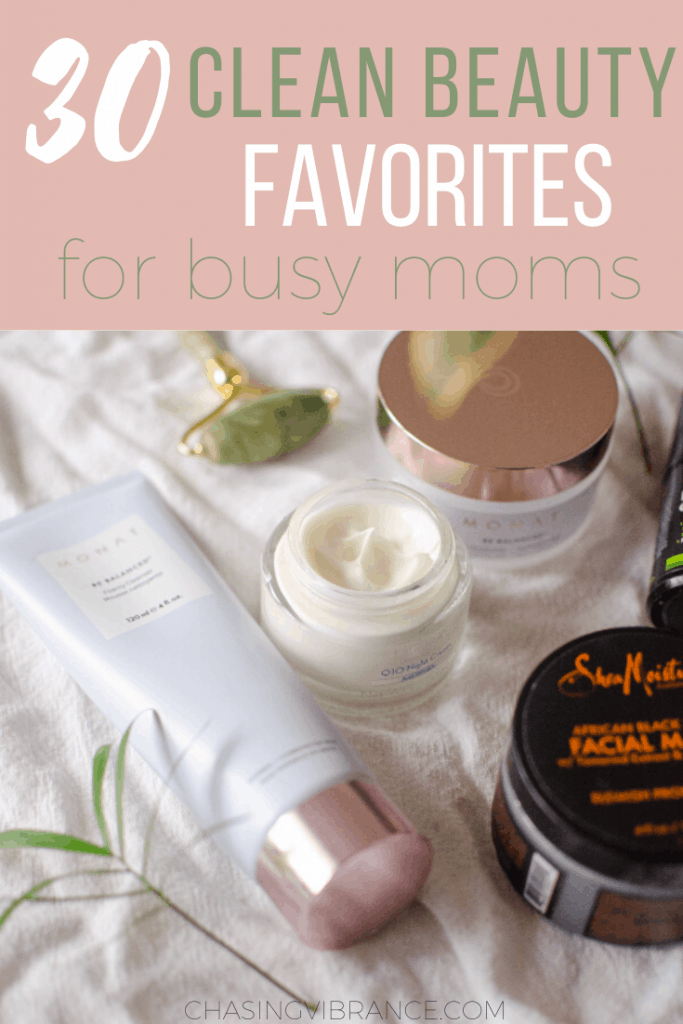 30 clean beauty favorites for busy moms text overlayed on monat skincare, night cream and jade roller.