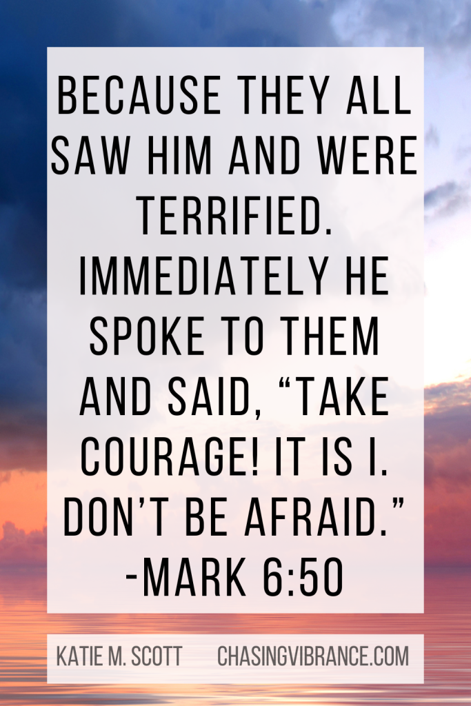 Mark 6:50 Bible verses text overlaid on an image of storm clouds and ocean at sunset. 