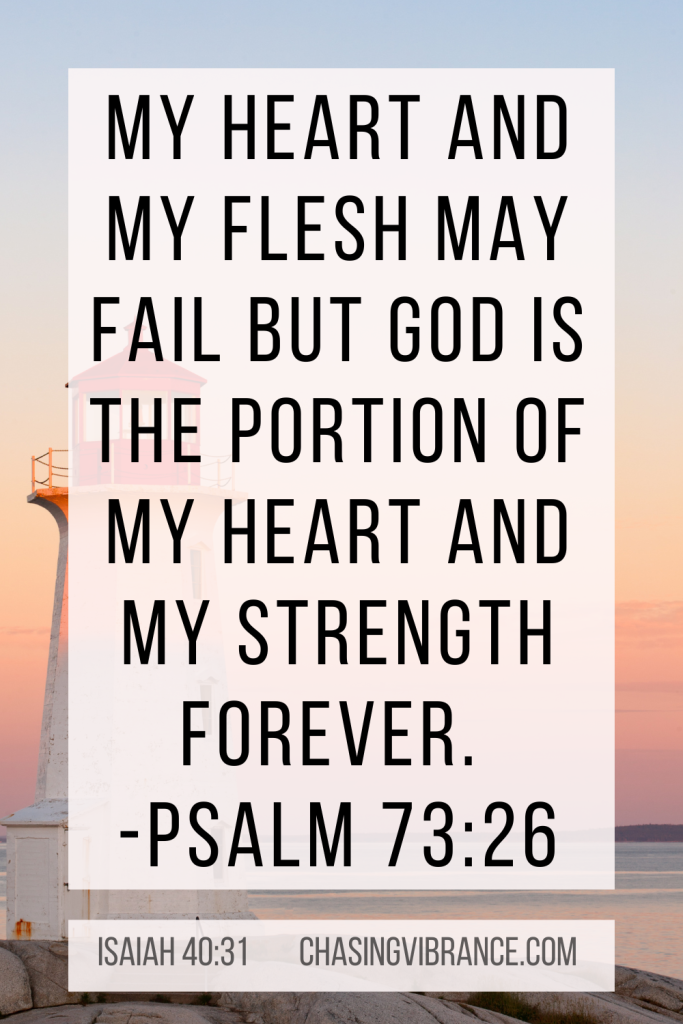 Bible verse Psalm 73:26 text overlaid on a photo of a lighthouse in the light pink sky at sunset