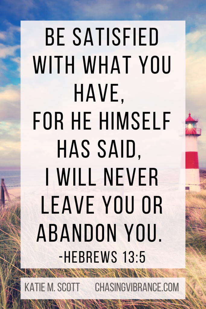 Hebrews 13:5 Bible verse about courage and overcoming fear overlaid on image of a lighthouse, dune grass and rocky shoreline