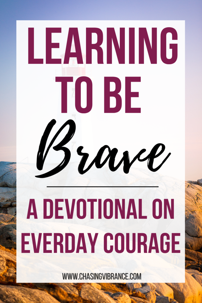 Photo of rocky coastline and pretty sky. Text overlay says: learning to be brave a devotional on everyday courage