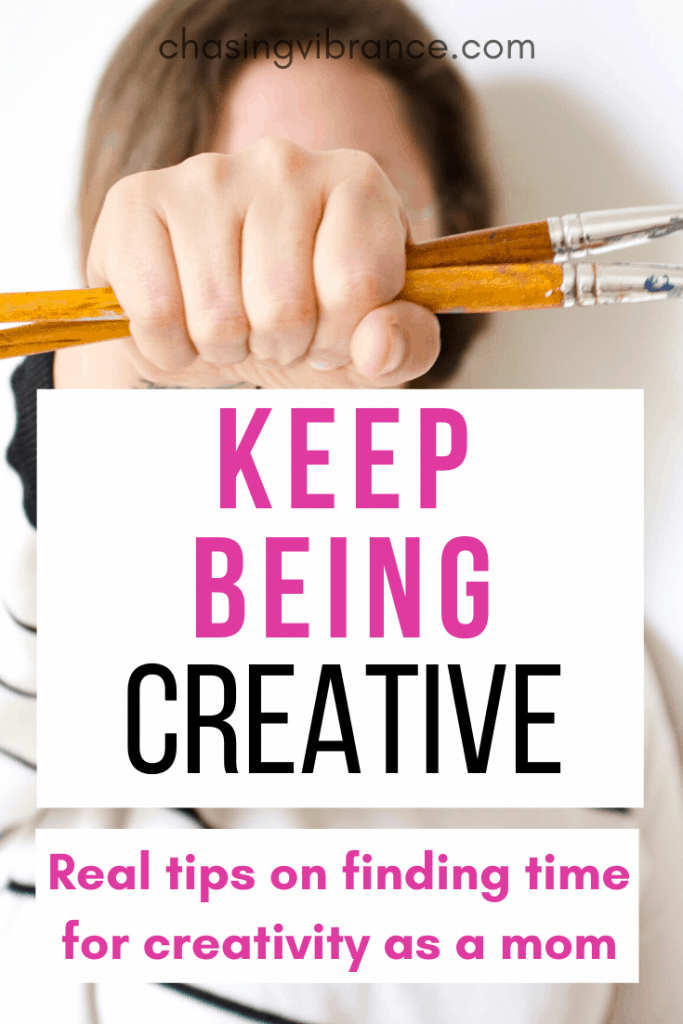 Photo of woman holding paintbrushes with text keep being creative overlaid on image