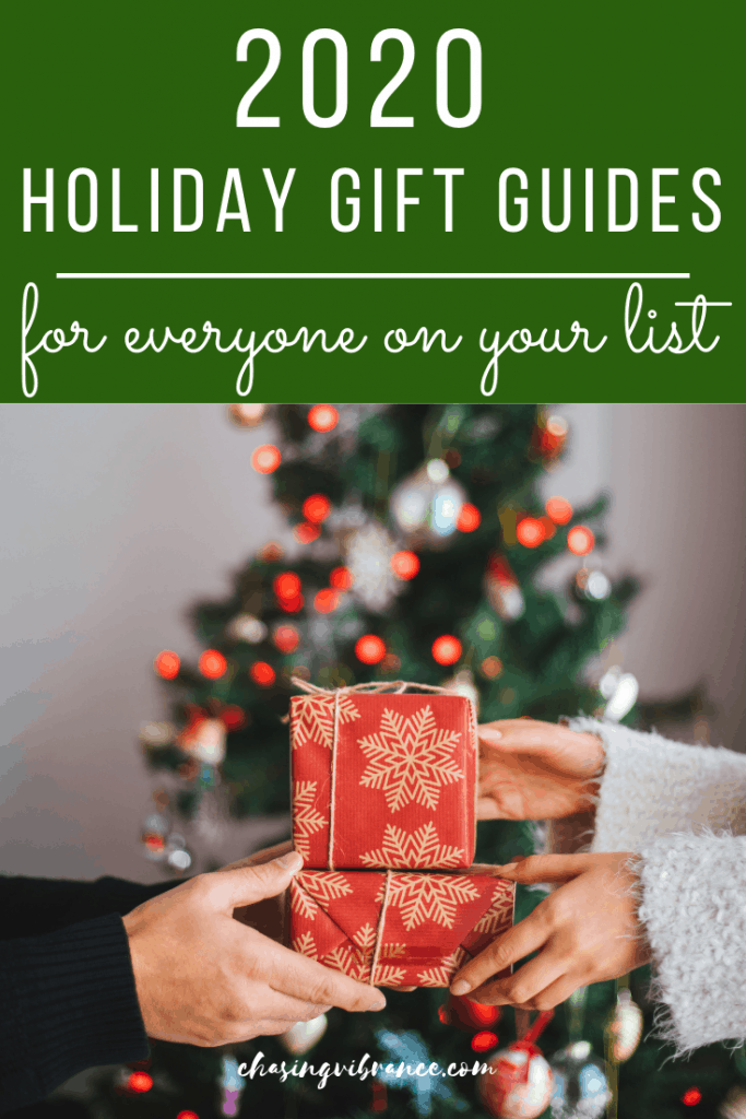 2020 holiday gift guides text on photo of man and womans hands exchanging christmas gift