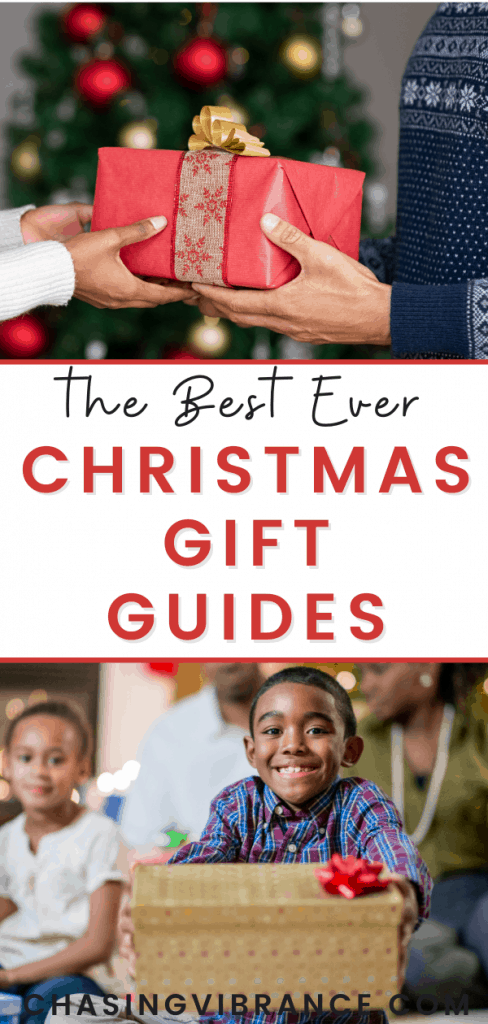the best ever christmas gift guides photo collage with couple exchanging gifts and young black boy with big smile ready to open present