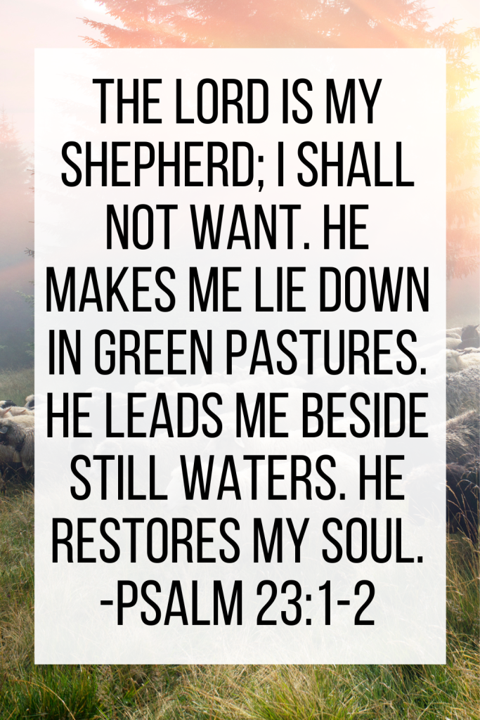 photo of a flock of sheep on a hillside with text overlay of psalm 23:1-2