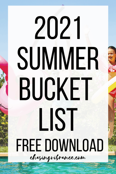 2021 summer bucket list large text over kids jumping into pool