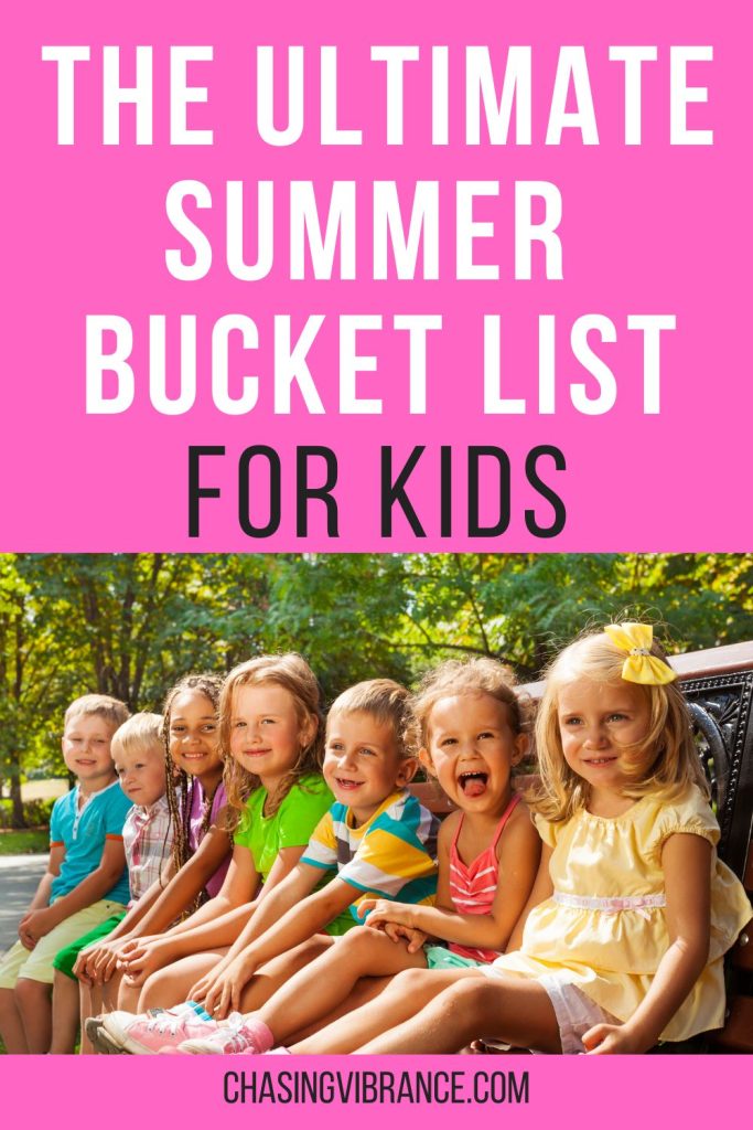 7ish Kids sit on a bench in brightly colored summer outfits. Text on top reads the ultimate summer bucket list for kids