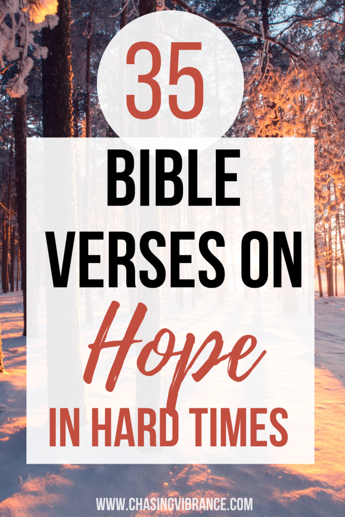 trees in sunrise in winter with text overlay 35 Bible Verses on Hope in Hard times