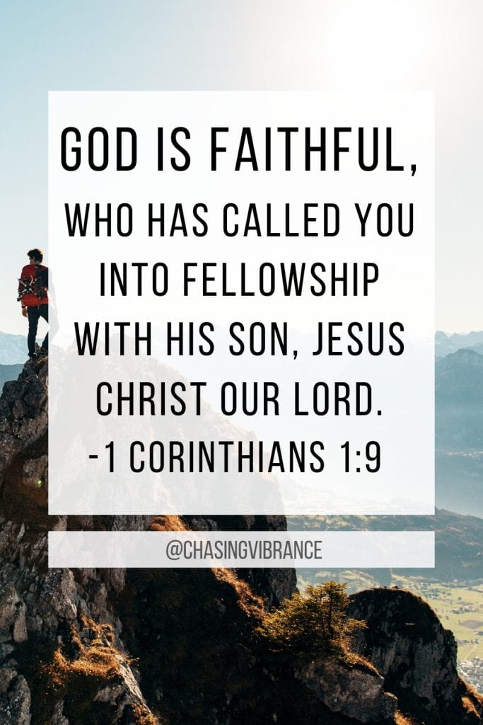 God is faithful Bible verse quote with man standing on top of rocky outcropping against a blue sky