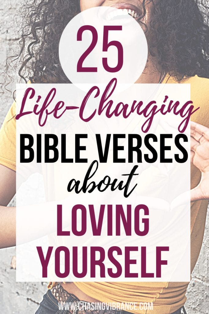 Young black woman with curly brown hair in a yellow shirt holds fingers up in a heart shape with a big smile on her face. Text reads: 25 life changing bible verses about loving yourself