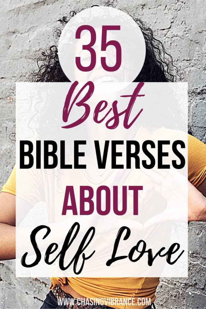 large text 35 best bible verses about self love with black curly haired girl in yellow shirt making a heart
