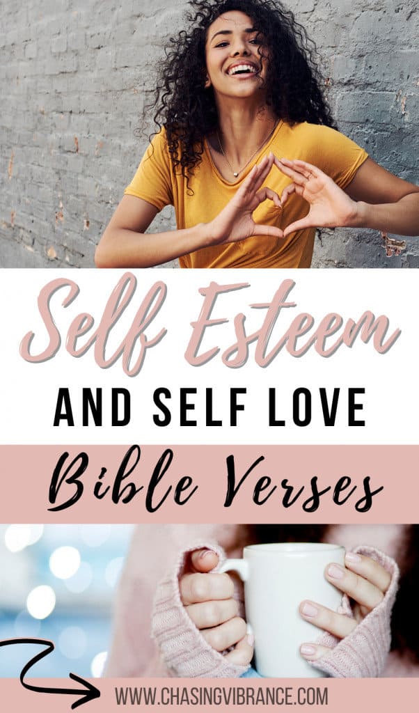 collage of woman in yellow shirt holding out hands in heart and female in pink sweater hold mug of coffee with self esteem and self love bible verses in text in between