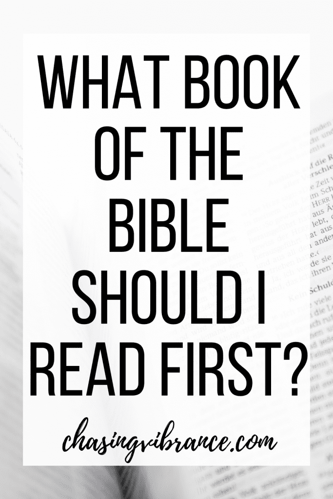 what book of the bible should I read first in large text with bible pages in background