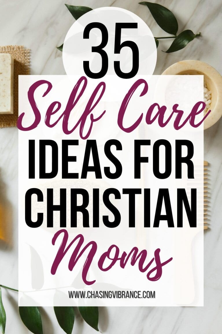 photo of self care items (sleep mask, plant, candle) with large text overlay: 35 self care ideas for christian moms