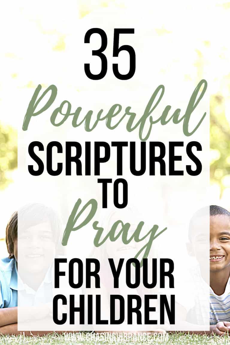 kids leaning on elbows on table outside with text overlay 35 powerful scriptures to pray for your children