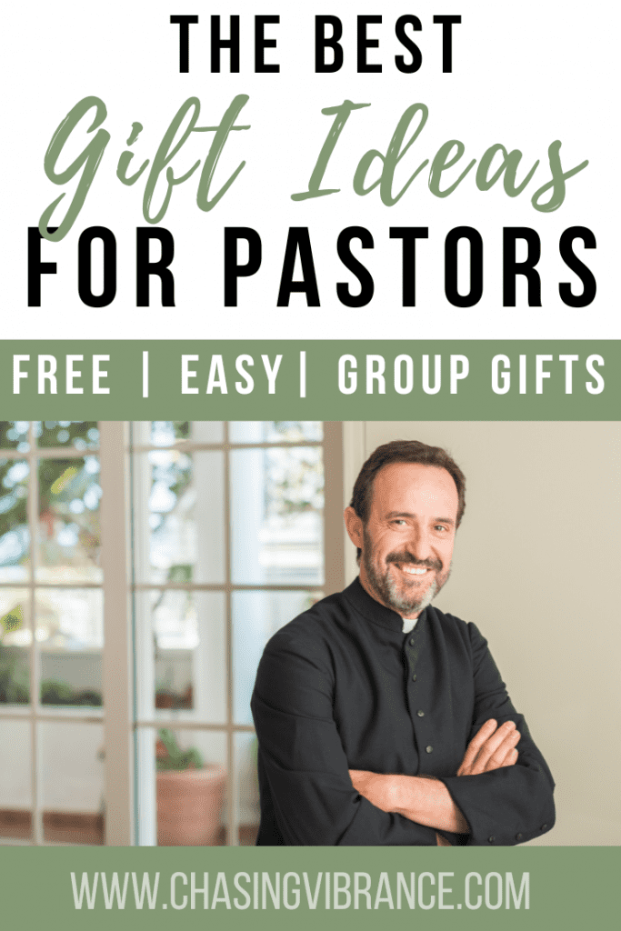 Pastor in black shirt and white clergy collar smiles with arms crossed text on top says the best gift ideas for pastors