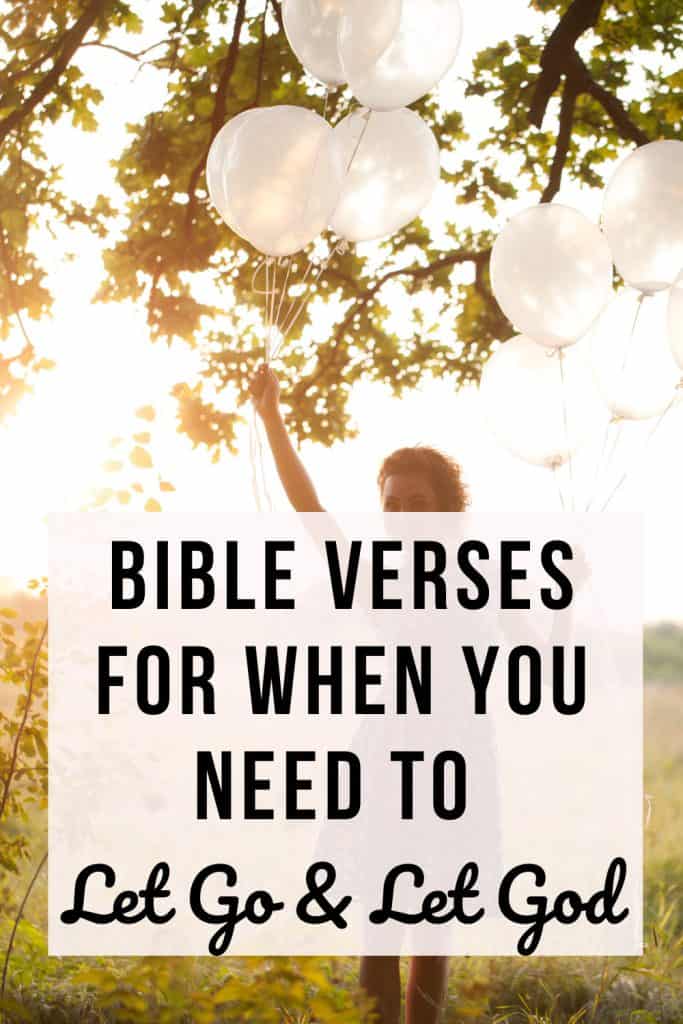 Image of a black woman holding cream colored balloons beside a tree outdoors. Text overlay reads: bible verses for when you need to let go and let god