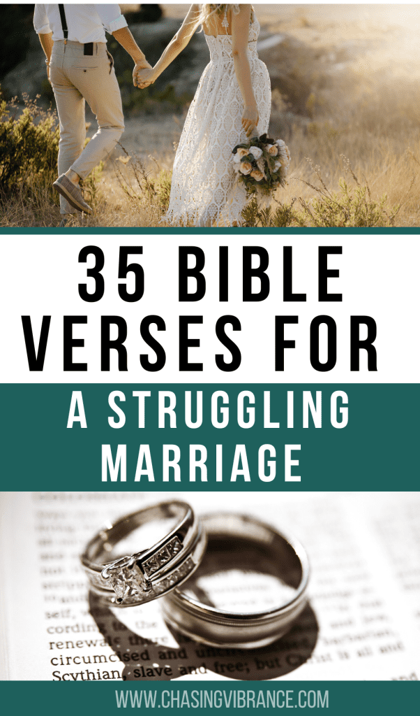35 Bible Verses for a struggling marriage in center of collage with bride and groom holding hands in a field above and a photo of wedding rings on an open bible in photo below