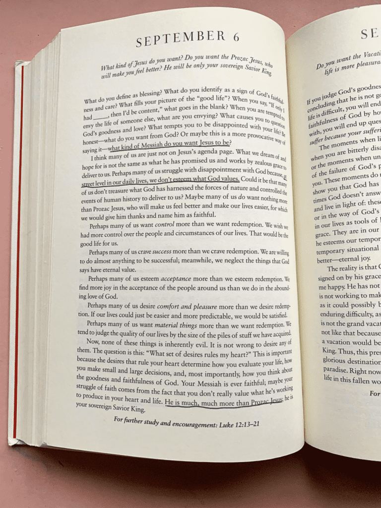 Interior pages of Paul Tripp devotional book with some notes underlined