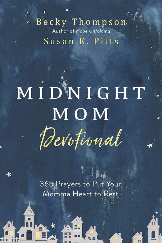 Midnight mom devotional book cover. Dark night sky with city underneath