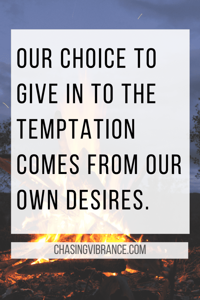 Quote pic on background of campfire on a beach "our choice to give in to the temptation comes from our own desires." 