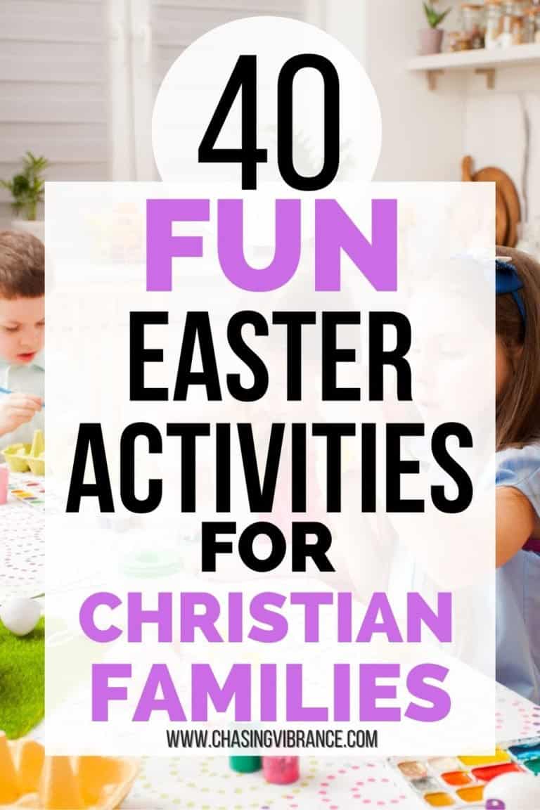 Kids work on Easter crafts on a table with text overlay reading 40 fun easter activities for Christian families