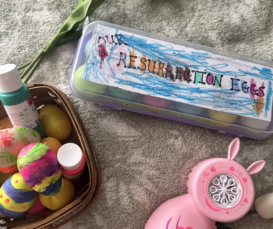 make your own resurrection eggs with a basket of other eggs and a bunny shaped bubble blower