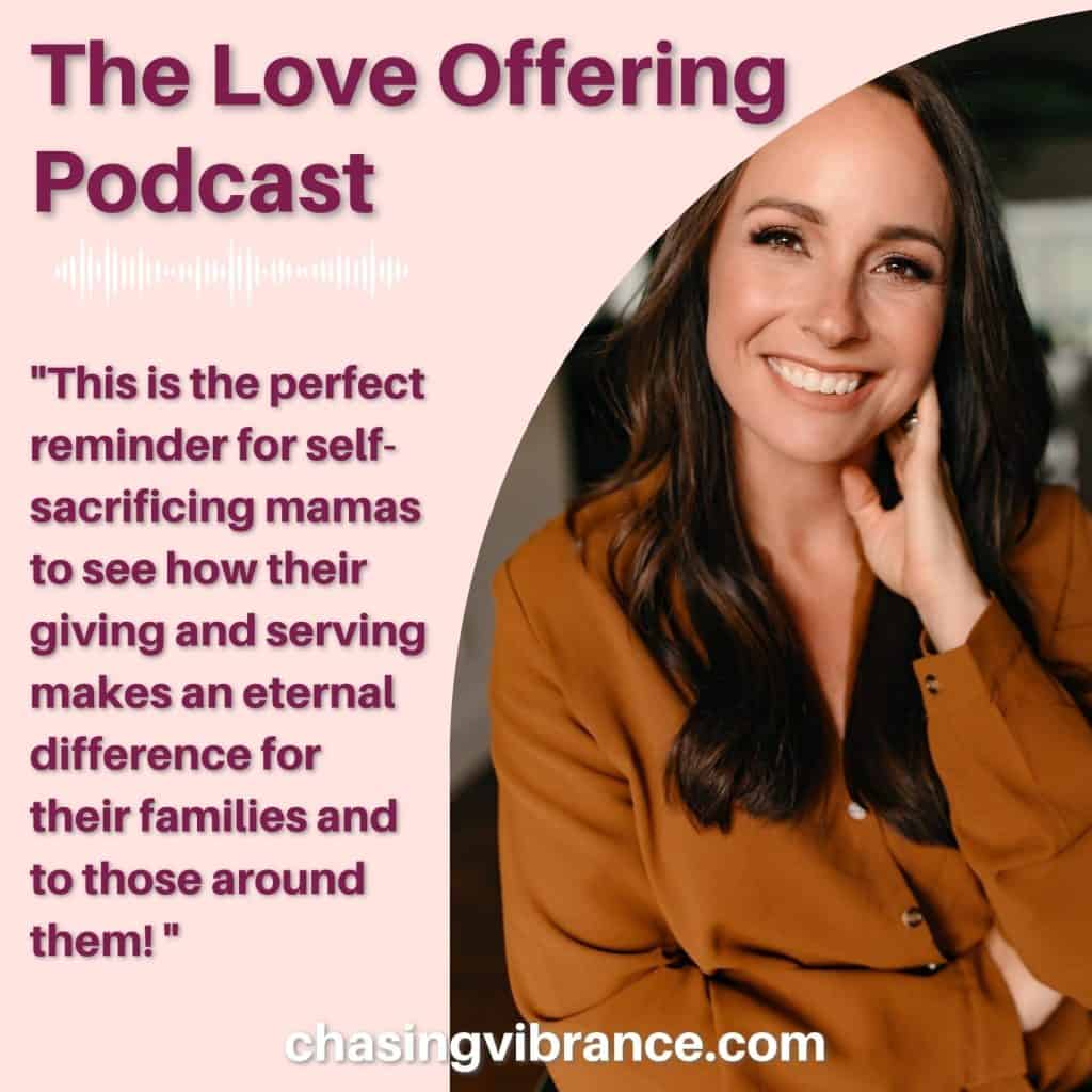 The love offering podcast review image. Brunette woman looks right at camera with a big smile on her face. 