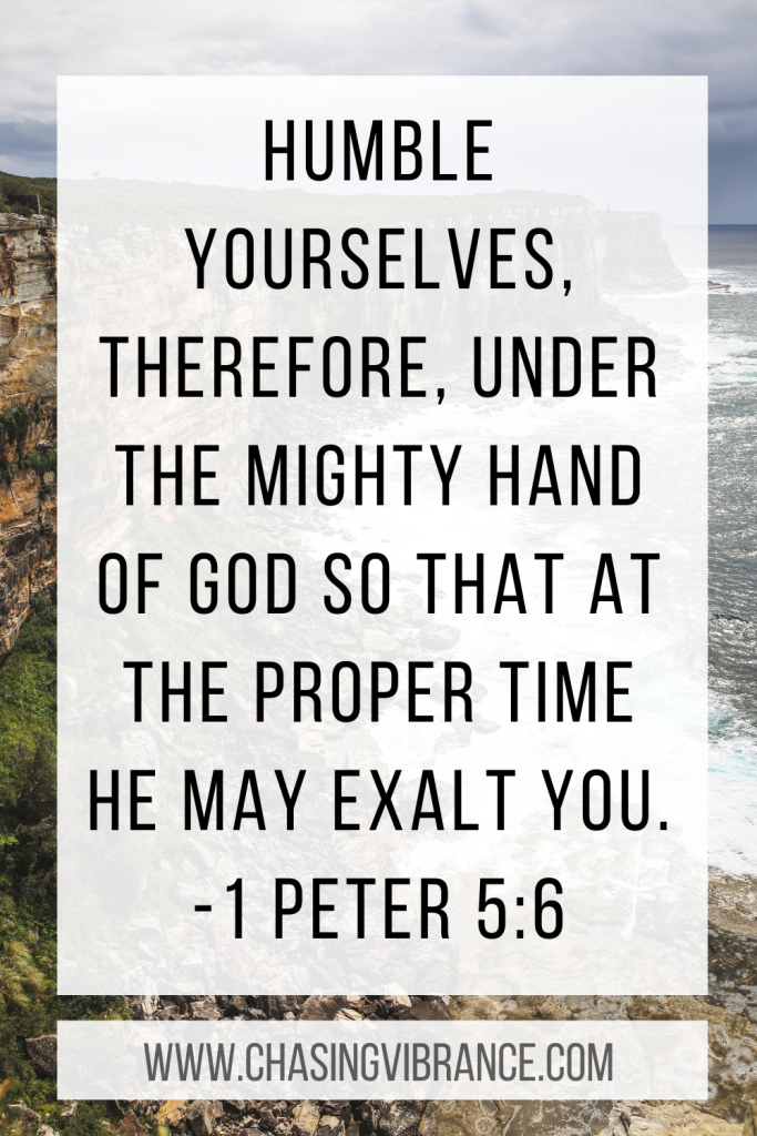 Rocky cliffs meeting ocean waves Text overlay is 1 Peter 5:6 | Bible verses about leadership and pride