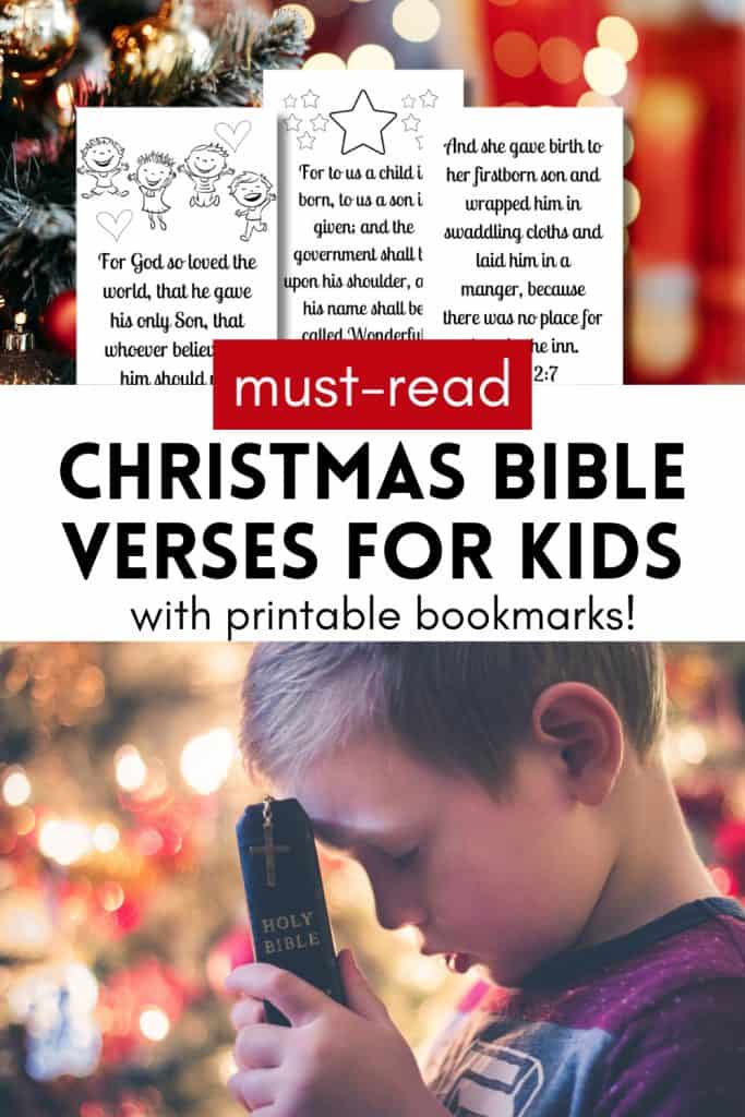 Photo of a boy with a Bible praying before a Christmas tree with text overlay: Christmas bible verses for kids