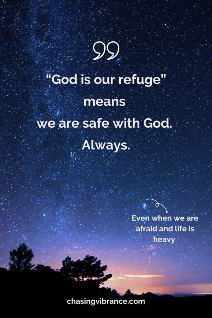A night sky with just a touch of sunset left on the horizon. Text reads: God is our refuge means we are safe with God